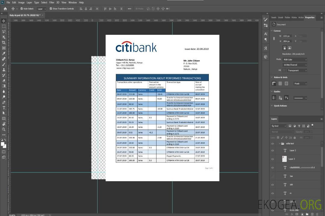Relevé bancaire de la Kenya Citibank template